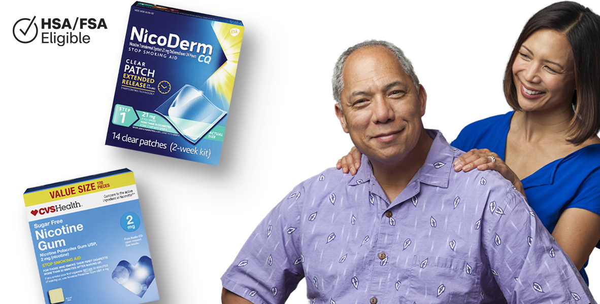 Shop stop smoking aids, HSA/FSA eligible logo, examples of nicotine replacement products, a couple smiling